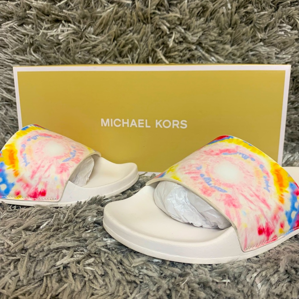 MICHAEL KORS GILMORE SLIDES TIE DYE RAINBOW Sz 6